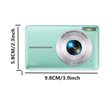 "Compact digital camera for teens, 44MP, 1080P, 16X zoom, 2.4-inch LCD, portable design"