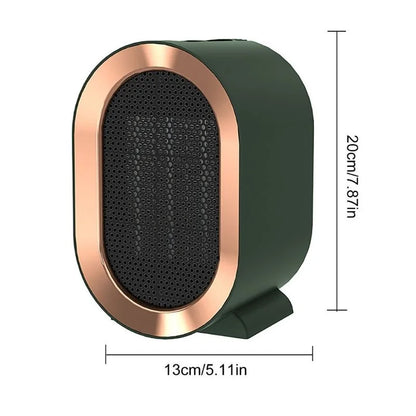 Compact electric heater with sleek design, available in blue, green, and white, perfect for desk or office use.