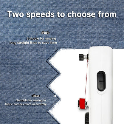 "Compact handheld sewing machine for quick repairs, portable stitching on all fabrics, includes complete sewing kit."