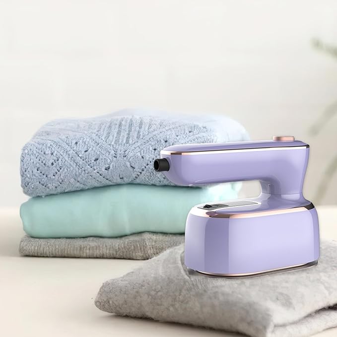 Compact handheld steam iron in blue, with a sleek design, ergonomic handle, and powerful steam for wrinkle-free clothes.