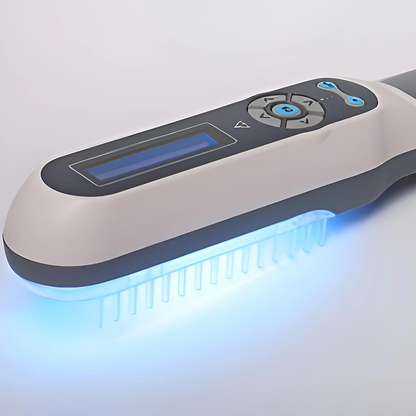 "Compact handheld UVB light therapy device for skin conditions, featuring a portable design and clear LCD display."