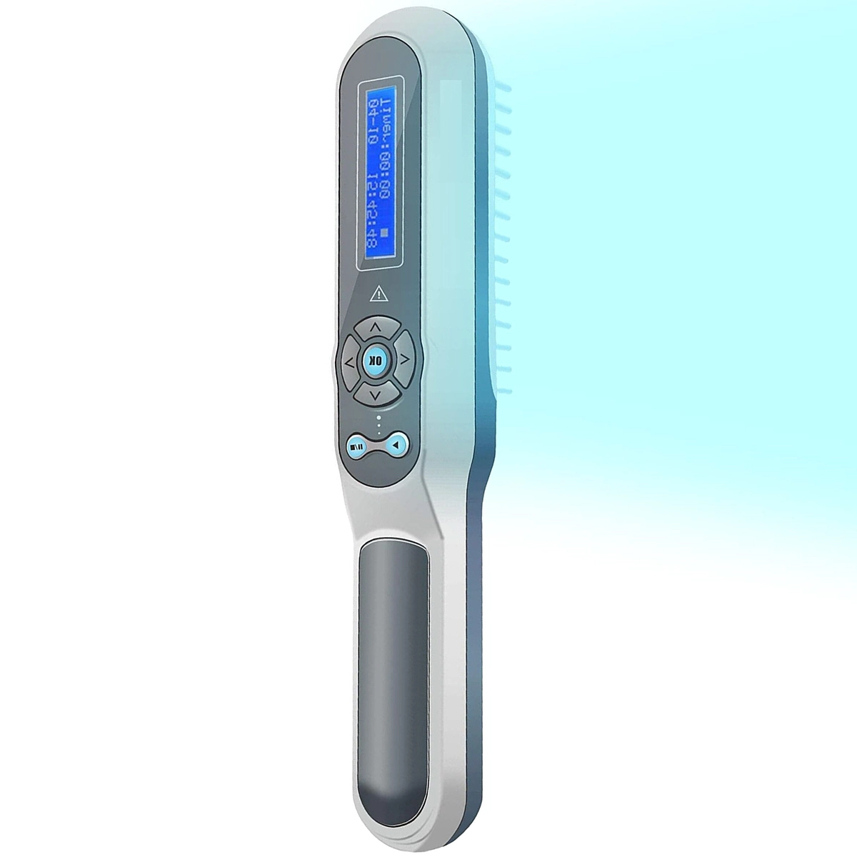 "Compact handheld UVB light therapy device for skin conditions, featuring a portable design and clear LCD display."