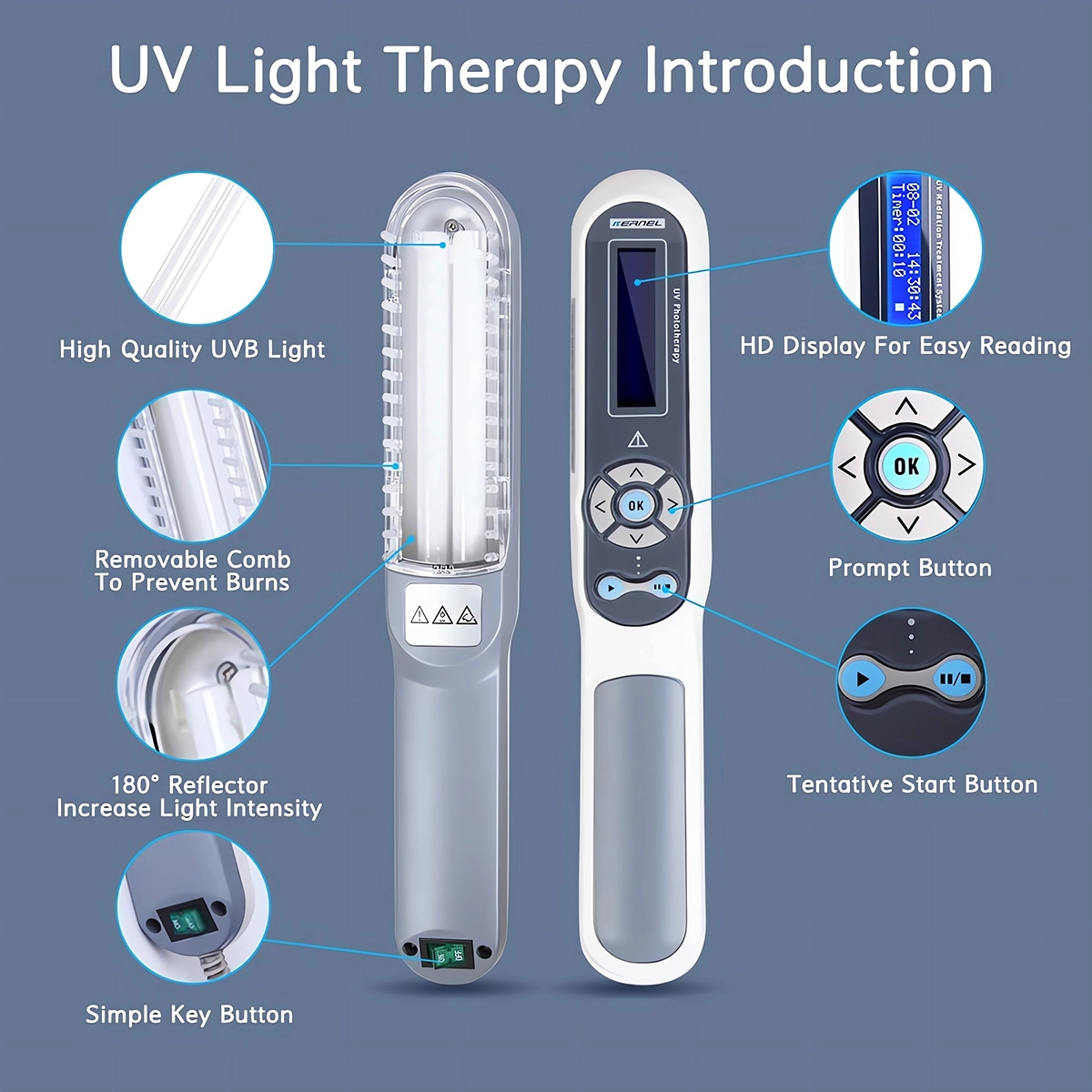 "Compact handheld UVB light therapy device for skin conditions, featuring a portable design and clear LCD display."