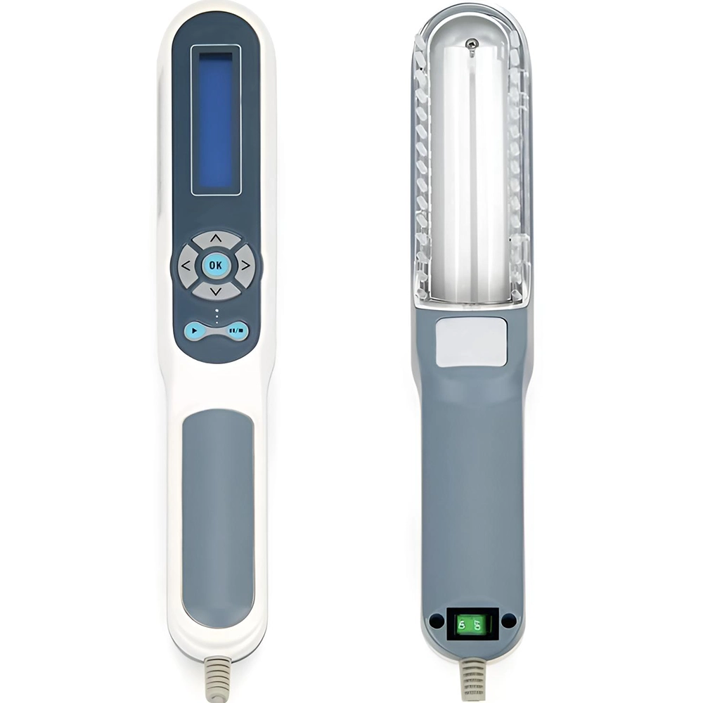 "Compact handheld UVB light therapy device for skin conditions, featuring a portable design and clear LCD display."
