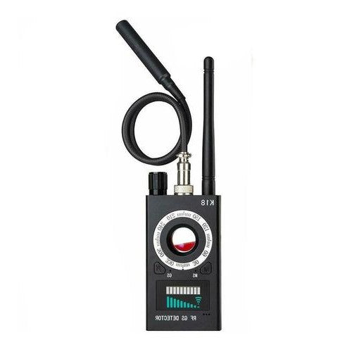 "Compact hidden camera detector with GPS/RF tracking, sleek design, portable, detects bugs and trackers, technology gadget."