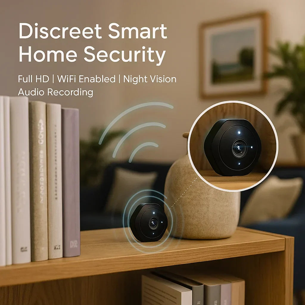 "Compact mini wifi camera for home security, featuring 1080P HD resolution and night vision in a sleek, discreet design."