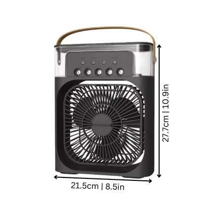 "Compact portable air cooler and humidifier in white or black, USB-C powered, space-saving design for all-around comfort."