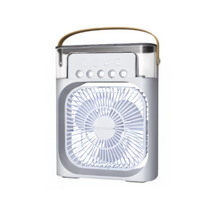 "Compact portable air cooler and humidifier in white or black, USB-C powered, space-saving design for all-around comfort."