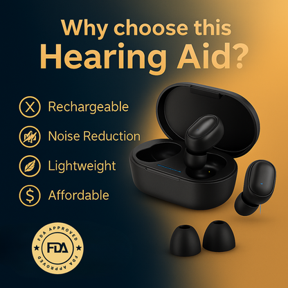 Compact, rechargeable hearing aid with behind-the-ear design for clear sound. Ideal for mild to moderate hearing loss.