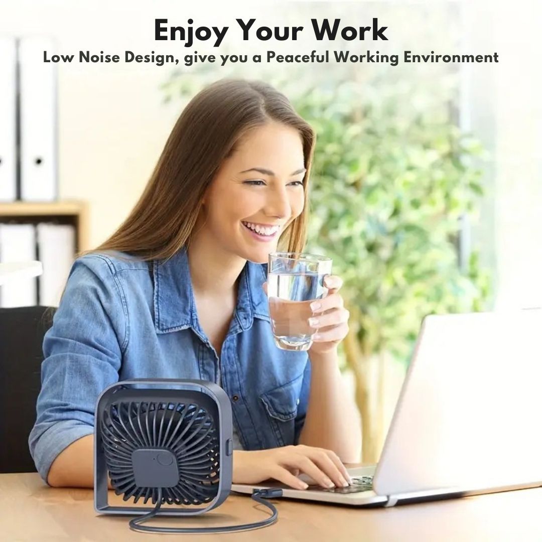 "Compact USB desk fan with 360° rotation, mini size, black frame, adjustable 3-speed settings, ideal for workspace."