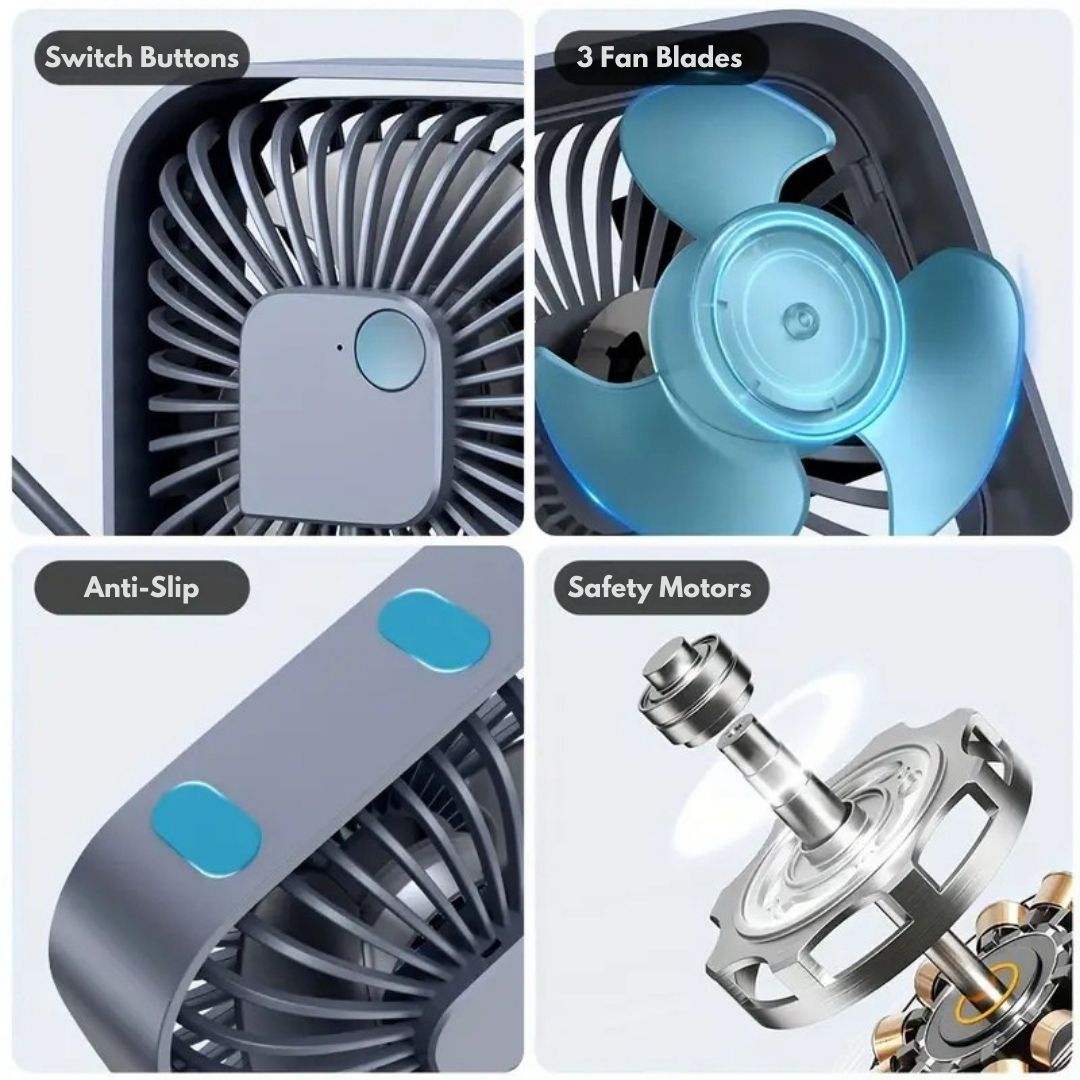"Compact USB desk fan with 360° rotation, mini size, black frame, adjustable 3-speed settings, ideal for workspace."
