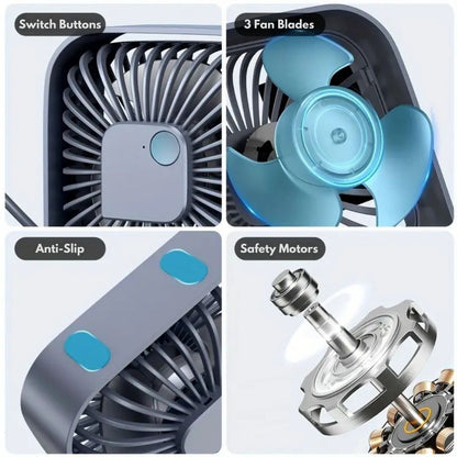 "Compact USB desk fan with 360° rotation, mini size, black frame, adjustable 3-speed settings, ideal for workspace."