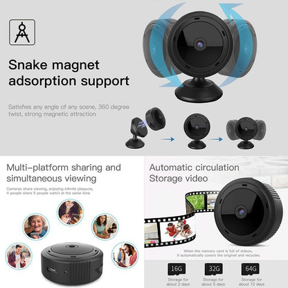 Compact WiFi Camera 1080P with night vision and motion detection, sleek design for discreet home or office surveillance.