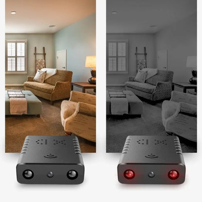 Compact Wifi Micro HD video camera with audio, coin-sized, sleek design, offers 1080p resolution and wireless connectivity.