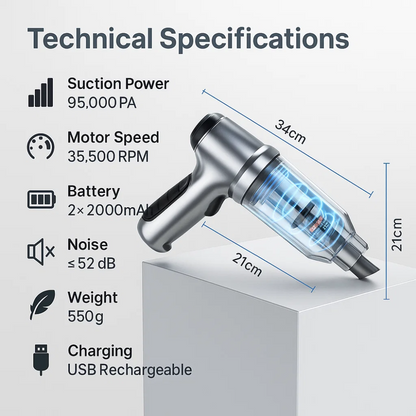 Compact wireless car vacuum cleaner with handle and nozzle for powerful, portable cleaning; sleek design, perfect for vehicle