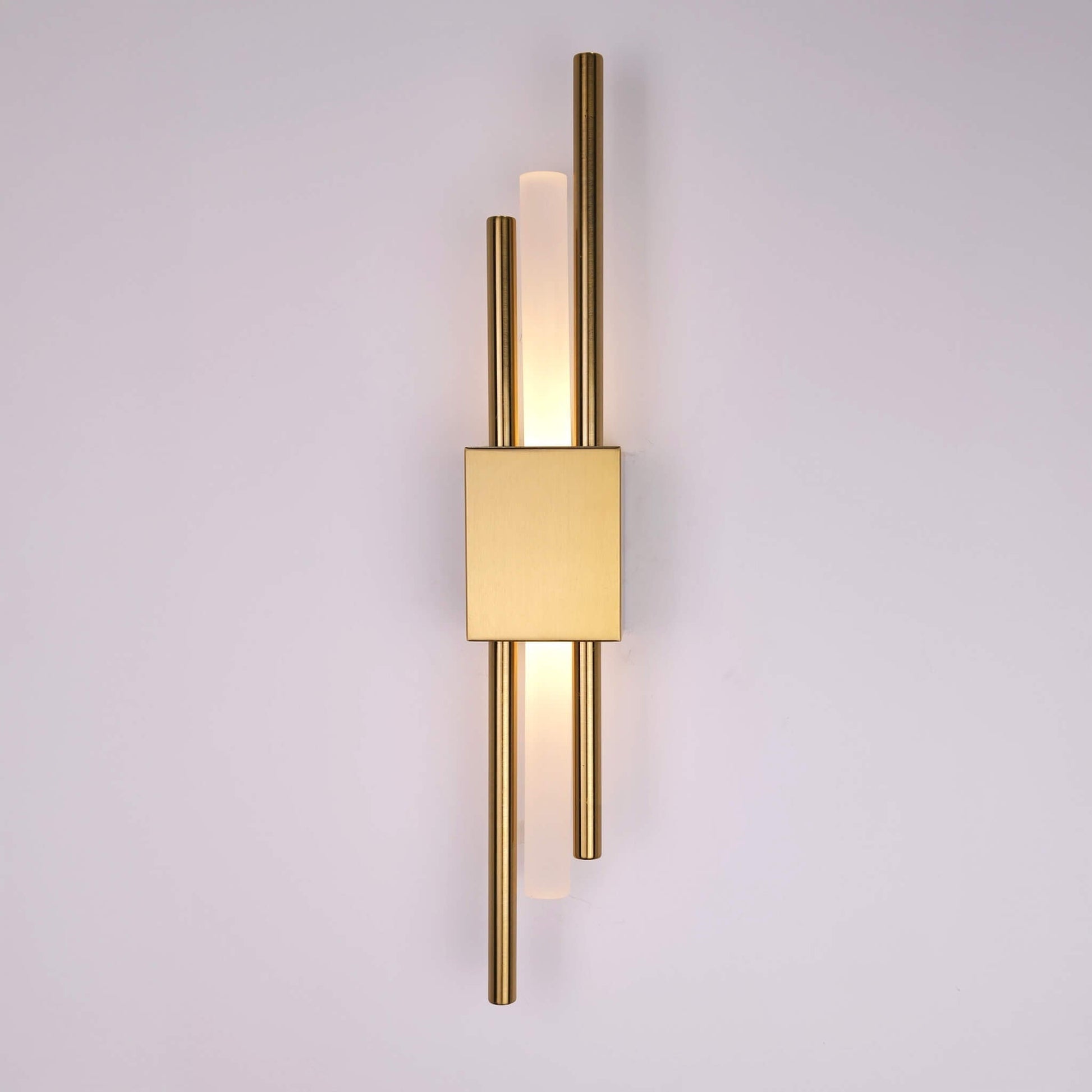 "Contemporary frosted glass wall lamp with dual lights, gold finish, featuring Italian-inspired design and soft illumination.