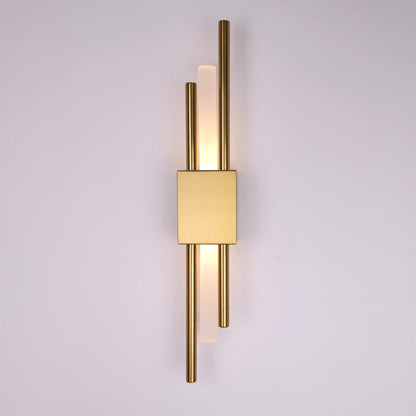 "Contemporary frosted glass wall lamp with dual lights, gold finish, featuring Italian-inspired design and soft illumination.