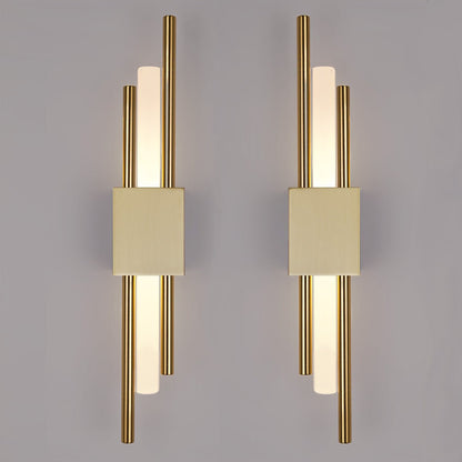 "Contemporary frosted glass wall lamp with dual lights, gold finish, featuring Italian-inspired design and soft illumination.