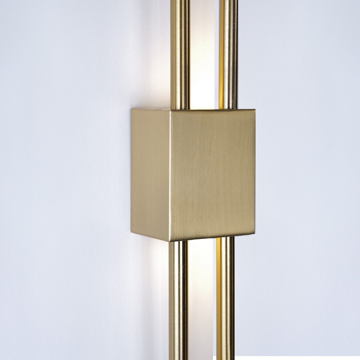 "Contemporary frosted glass wall lamp with dual lights, gold finish, featuring Italian-inspired design and soft illumination.