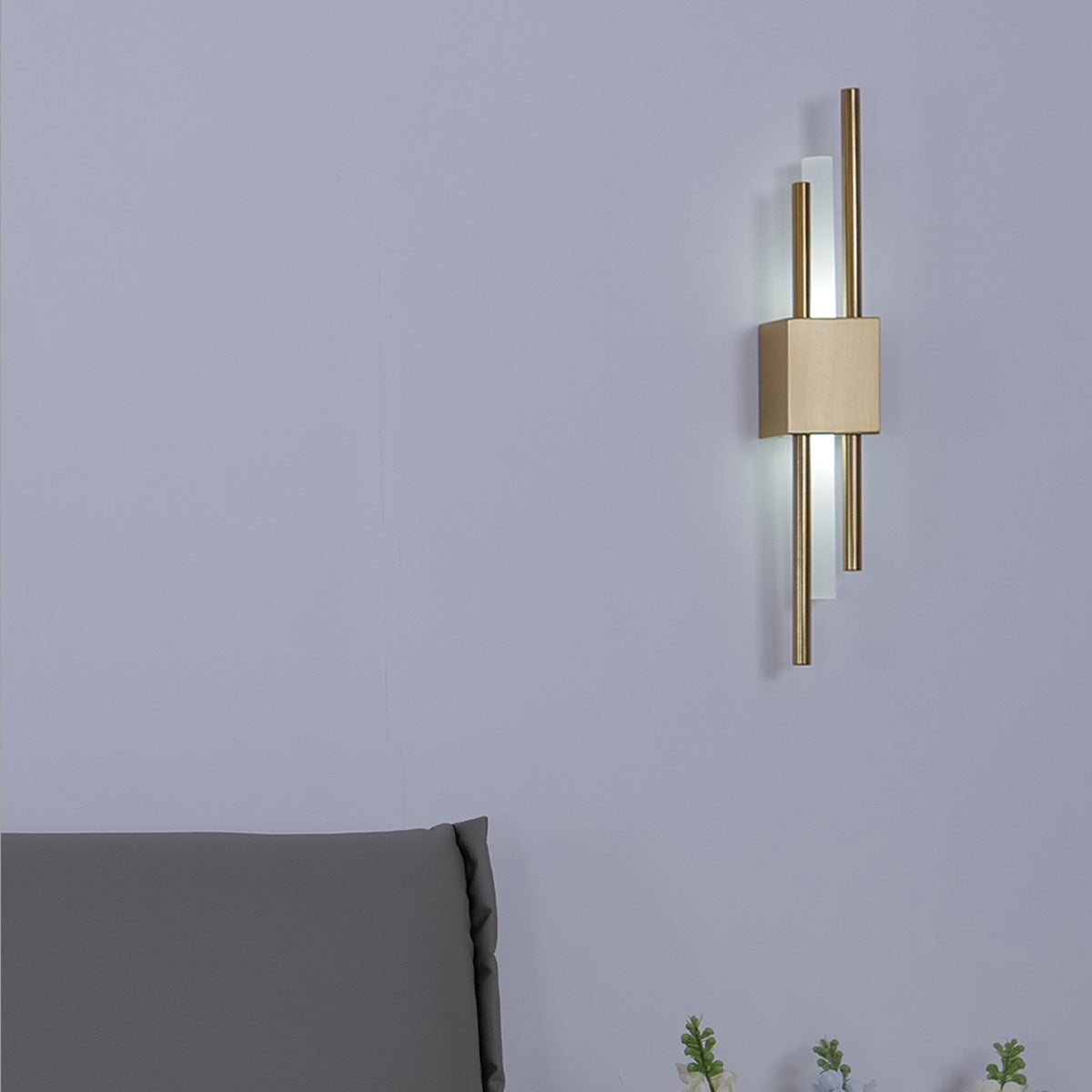 "Contemporary frosted glass wall lamp with dual lights, gold finish, featuring Italian-inspired design and soft illumination.