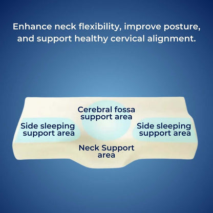"Contoured memory foam neck pillow for pain relief, featuring spinal alignment support; ideal for better sleep."