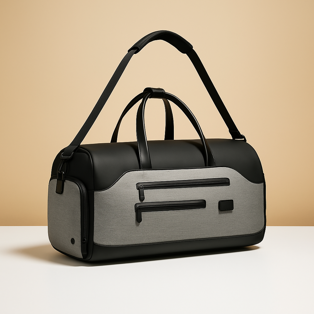 Convertible garment duffle bag for men with backpack straps, water-resistant material, and wrinkle-free suit compartment for travel and gym use.