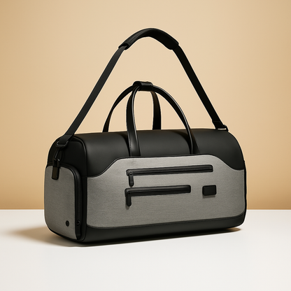 Convertible garment duffle bag for men with backpack straps, water-resistant material, and wrinkle-free suit compartment for travel and gym use.