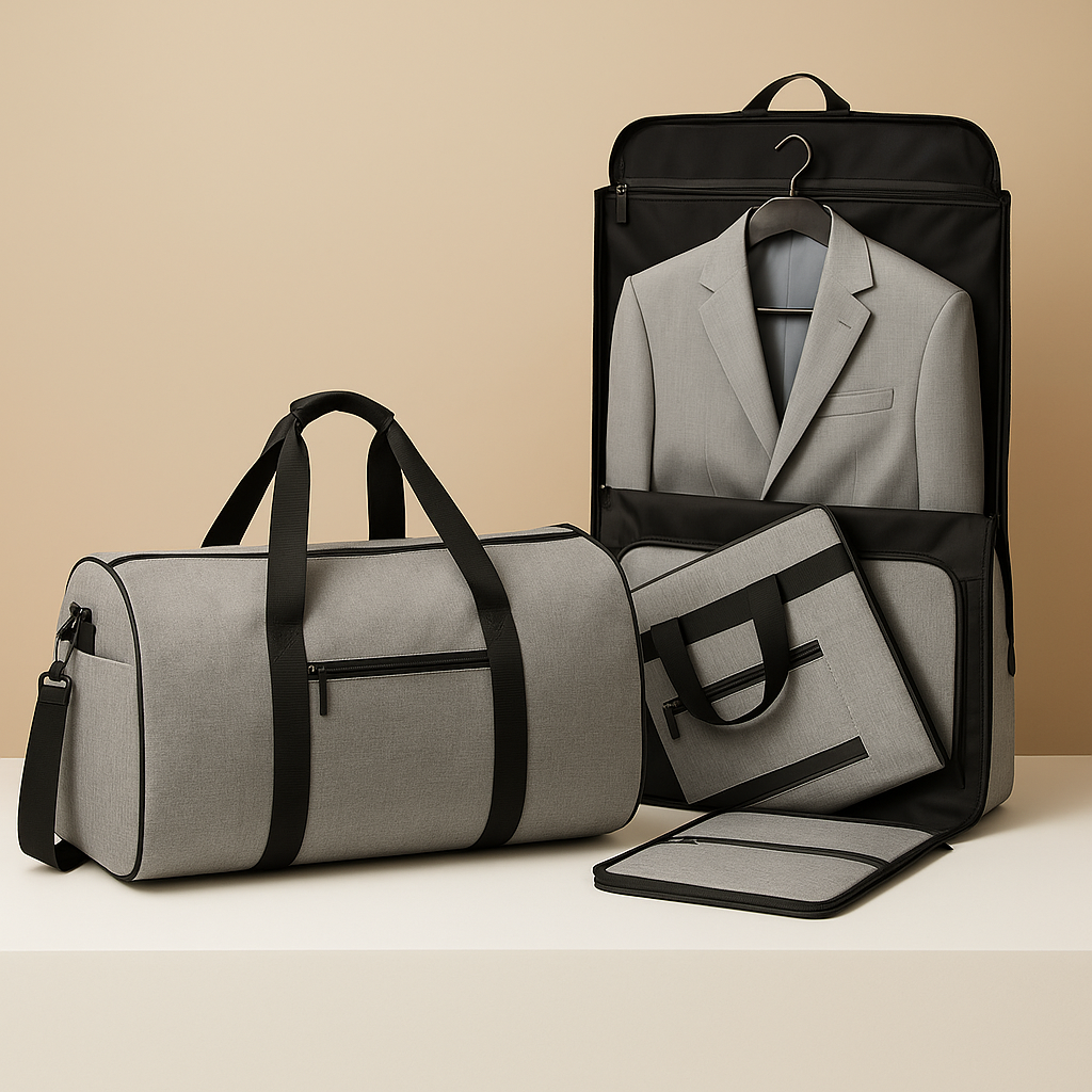 Convertible suit and duffle bag for men with wrinkle-free garment storage, water-resistant Oxford fabric, and multiple carrying options for travel.