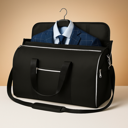 Convertible suit and duffle bag for men with wrinkle-free garment storage, water-resistant Oxford fabric, and multiple carrying options for travel.