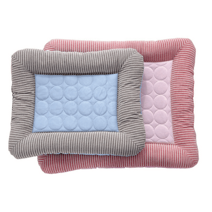 Cooling dog bed cushion with ice silk fabric, ideal for summer. Machine washable, non-slip, available in multiple sizes.