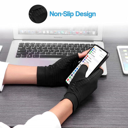 "Copper infused fingerless compression gloves for arthritis, offers warmth and breathability, ideal for relief and comfort."