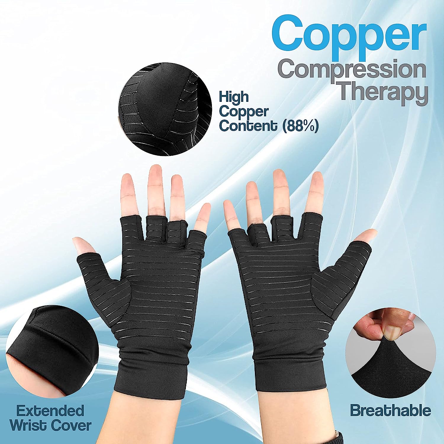 "Copper infused fingerless compression gloves for arthritis, offers warmth and breathability, ideal for relief and comfort."