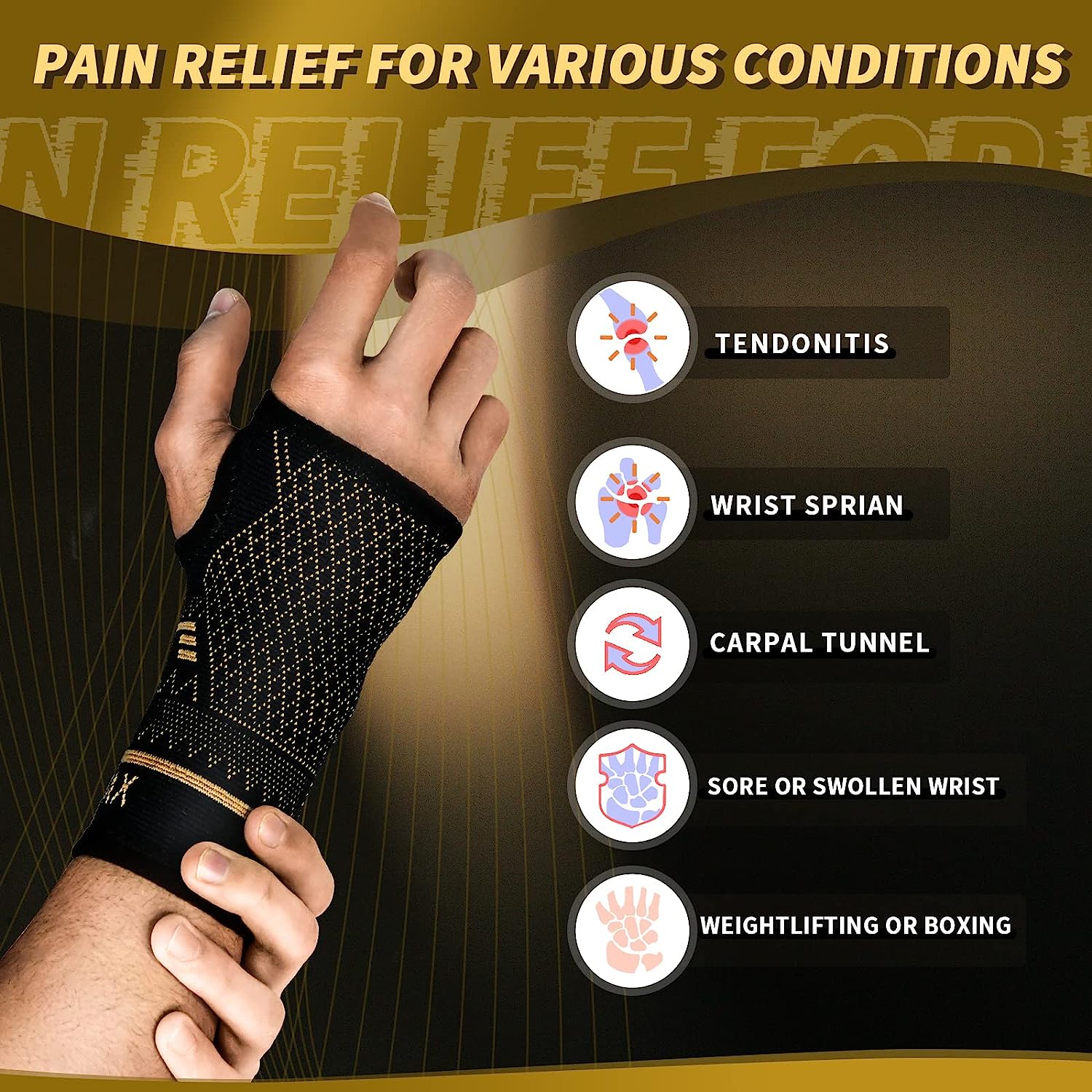 "Copper wrist brace for pain relief, unisex, ergonomic design, copper-infused fabric, available in small, medium, large sizes