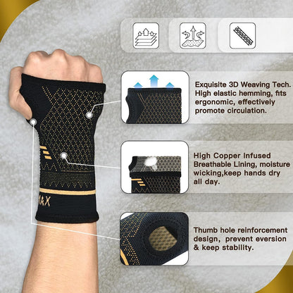 "Copper wrist brace for pain relief, unisex, ergonomic design, copper-infused fabric, available in small, medium, large sizes