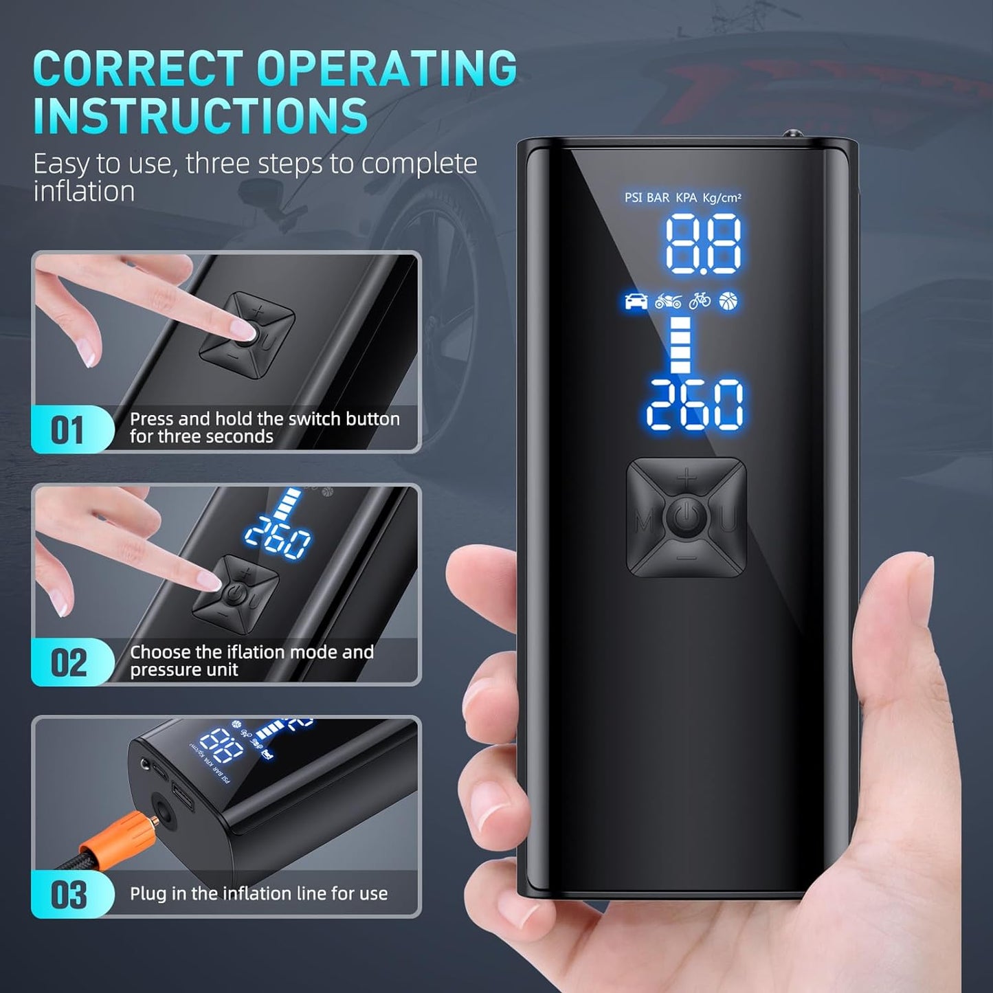 Cordless air compressor for quick tyre inflation, lightweight, compact, ideal for cars, bikes, with LCD screens and smart mod