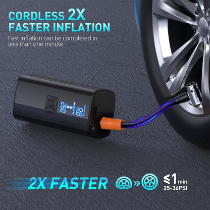 Cordless air compressor for quick tyre inflation, lightweight, compact, ideal for cars, bikes, with LCD screens and smart mod