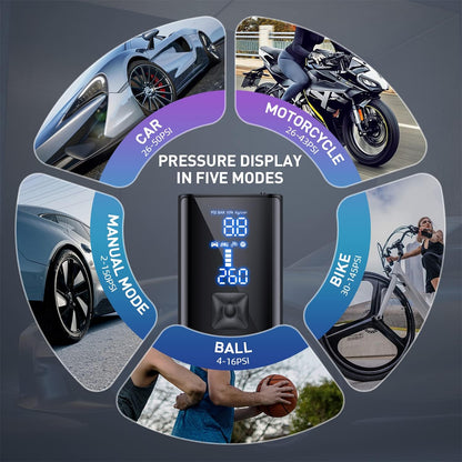 Cordless air compressor for quick tyre inflation, lightweight, compact, ideal for cars, bikes, with LCD screens and smart mod