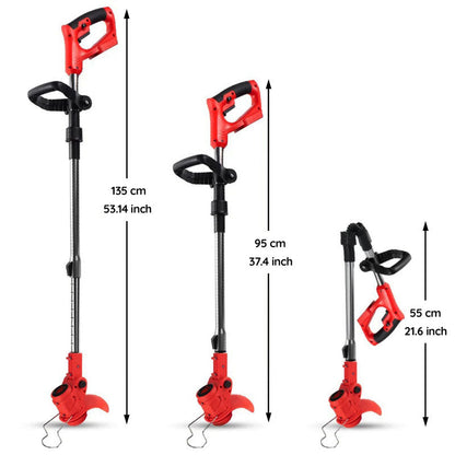 Cordless electric grass trimmer with adjustable telescopic rod, multi-angle head, and detachable wheels for easy lawn care.
