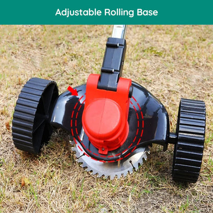 Cordless electric grass trimmer with adjustable telescopic rod, multi-angle head, and detachable wheels for easy lawn care.