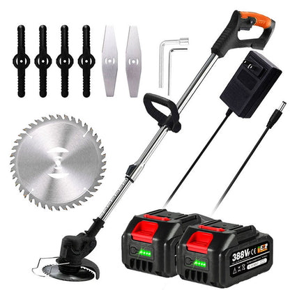 Cordless electric grass trimmer with adjustable telescopic rod, multi-angle head, and detachable wheels for easy lawn care.