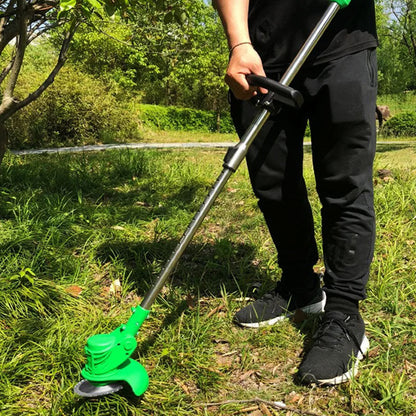 Cordless electric grass trimmer with adjustable telescopic rod, multi-angle head, and detachable wheels for easy lawn care.