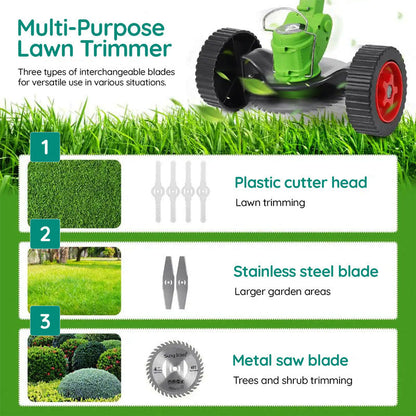 Cordless electric grass trimmer with adjustable telescopic rod, multi-angle head, and detachable wheels for easy lawn care.