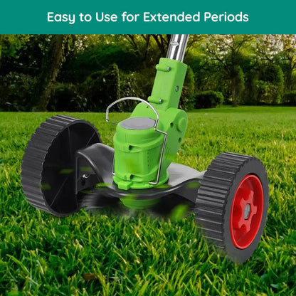 Cordless electric grass trimmer with adjustable telescopic rod, multi-angle head, and detachable wheels for easy lawn care.