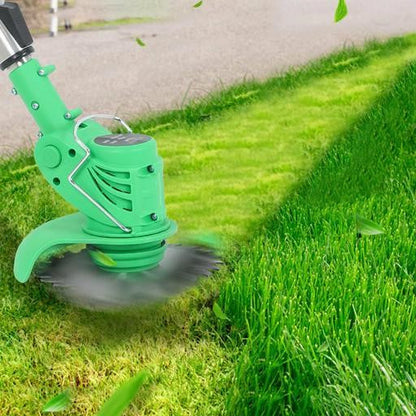 Cordless lightweight electric weed eater in use, showcasing compact design and ergonomic features for easy garden maintenance