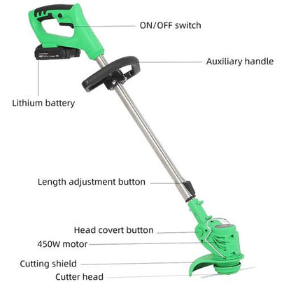 Cordless lightweight electric weed eater in use, showcasing compact design and ergonomic features for easy garden maintenance