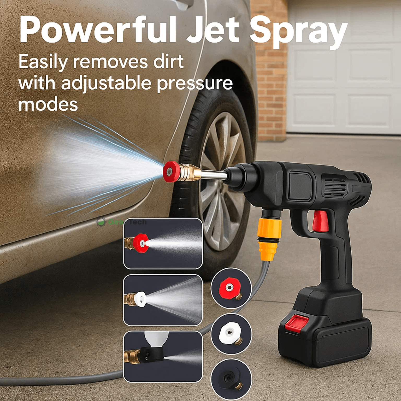 Cordless portable high pressure spray gun for cleaning, lightweight design, ideal for car, patio, and garden furniture wash.