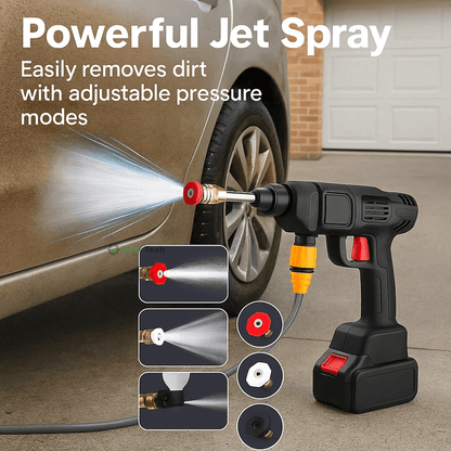 Cordless portable high pressure spray gun for cleaning, lightweight design, ideal for car, patio, and garden furniture wash.