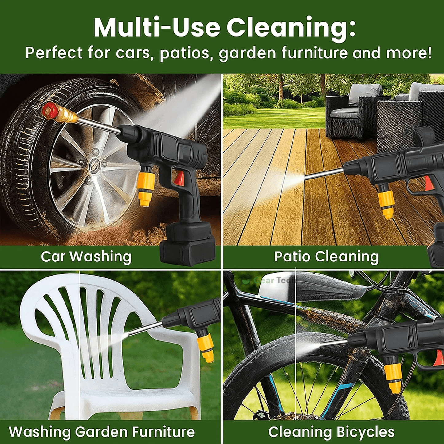 Cordless portable high pressure spray gun for cleaning, lightweight design, ideal for car, patio, and garden furniture wash.