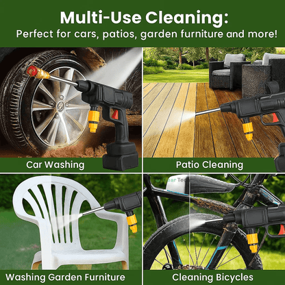 Cordless portable high pressure spray gun for cleaning, lightweight design, ideal for car, patio, and garden furniture wash.