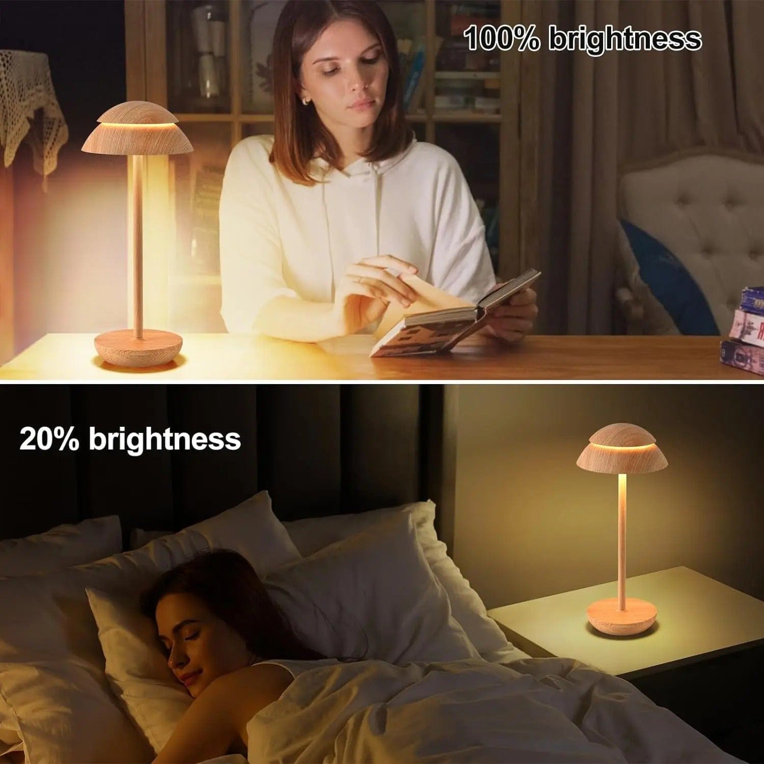 "Cordless rechargeable modern table lamp with touch dimming, minimalist design in chic finishes like Black, Gold, and Walnut.